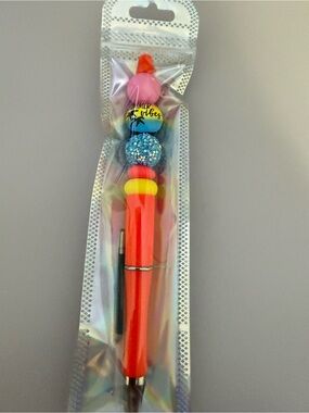 Beaded pen, neon, orange, multicolored beads, beach vibes